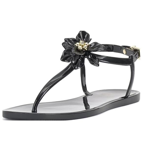 NEW Vince Camuto Jelynn Beaded Flower Embellish Flat Thong Sandal Black Sz 9M - Picture 1 of 6